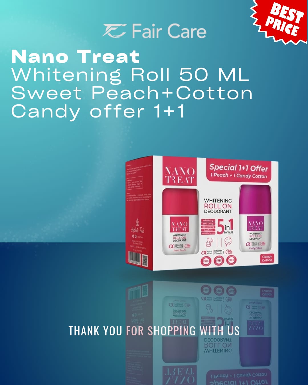Nanotreat whitening roll (sweet peach+cotton candy ) offer 1+1 (50ml)