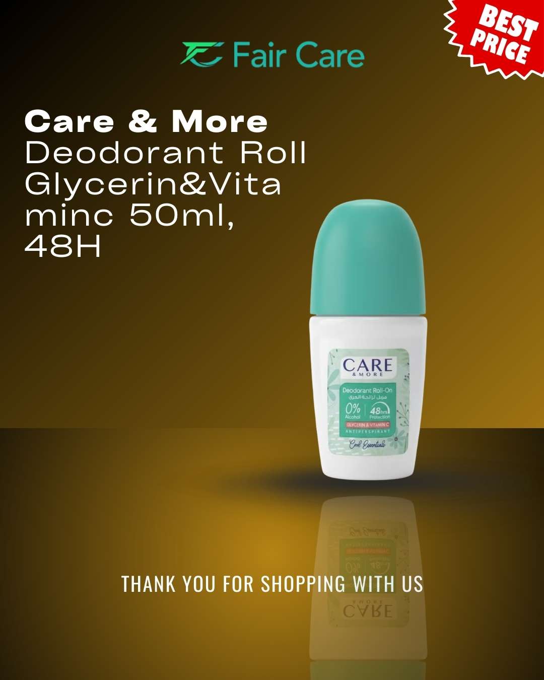care&more Cool Essentials Deodorant Roll 50ml, 48H Protection, Aluminum Silicone Paraben Free, Alcohol Free, Gentle Care