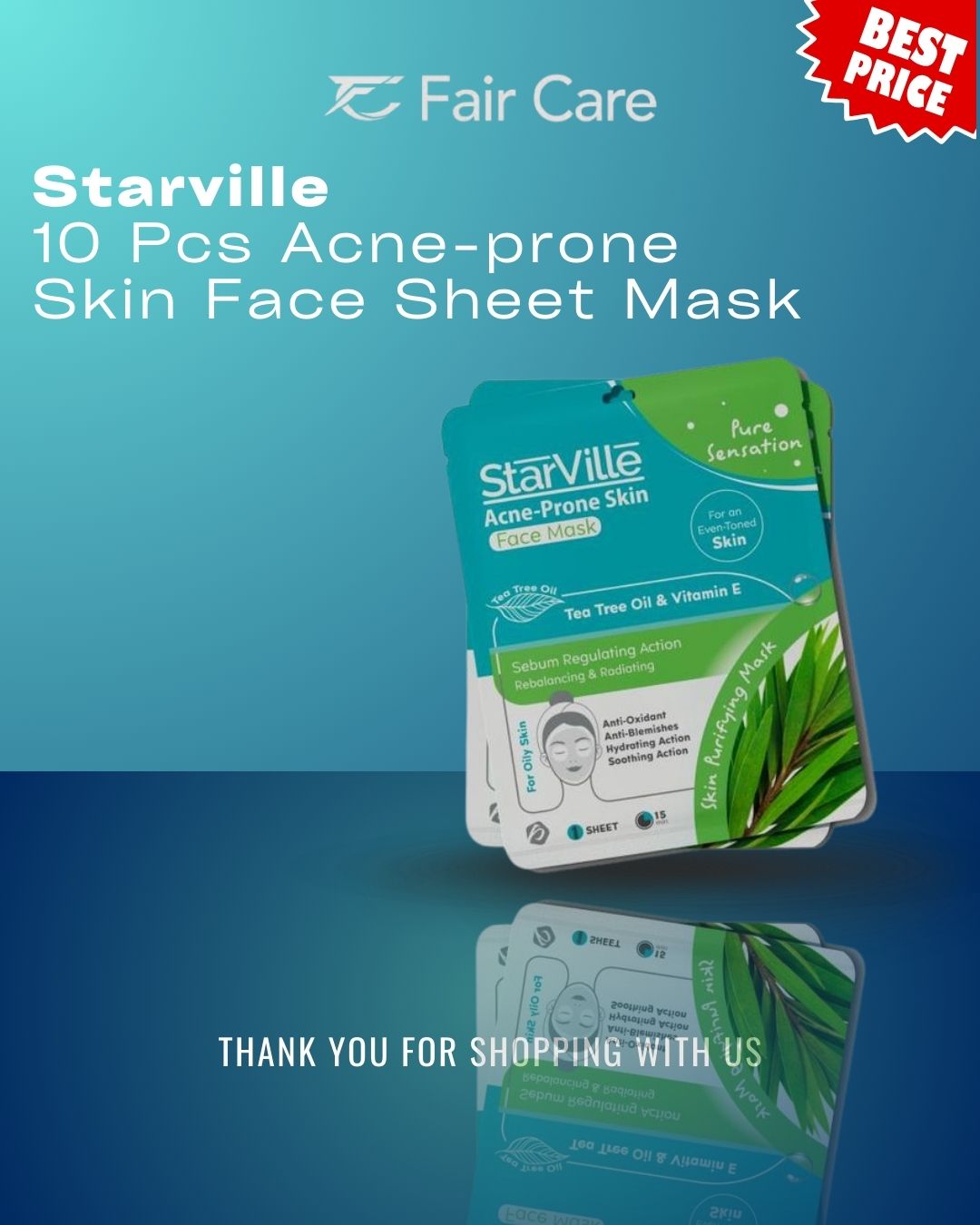 ماسك ورقي للوجه للبشرة المعرضة لحب الشباب من ستارفيل (10 قطع)